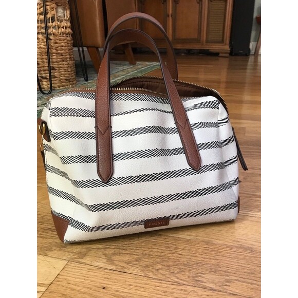 Fossil Sydney Satchel Handbag Purse - Black White Brown - Picture 1 of 12